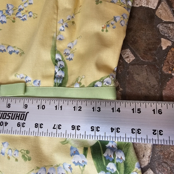 Lily Of The Vally Floral Print Yellow Dress, Green Ribbon At Waist, Size Small P - Picture 13 of 13
